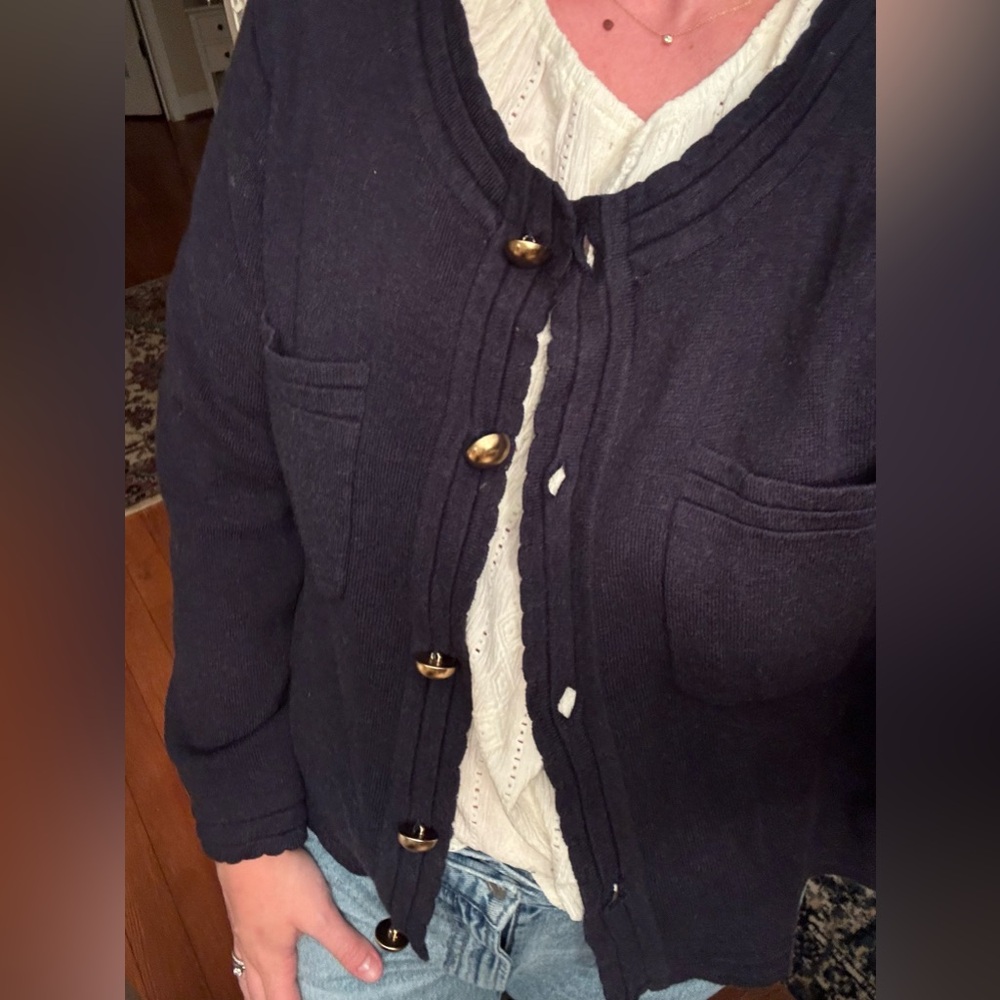 Free Assembly Large Navy - Gold Buttons Scalloped Sweater - lady cardigan style